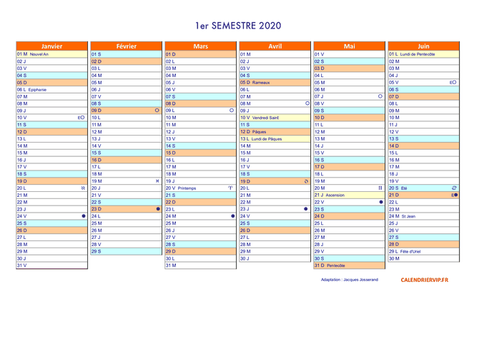 Calendrier annuel 2020 suisse en format excel et pdf (1er semestre)