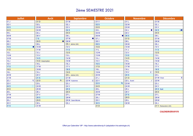 Calendrier annuel 2021 suisse en format excel et pdf (2ème semestre)