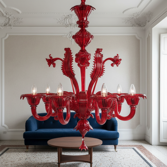 Donizetti lampadario in vetro di Murano rosso ambientato