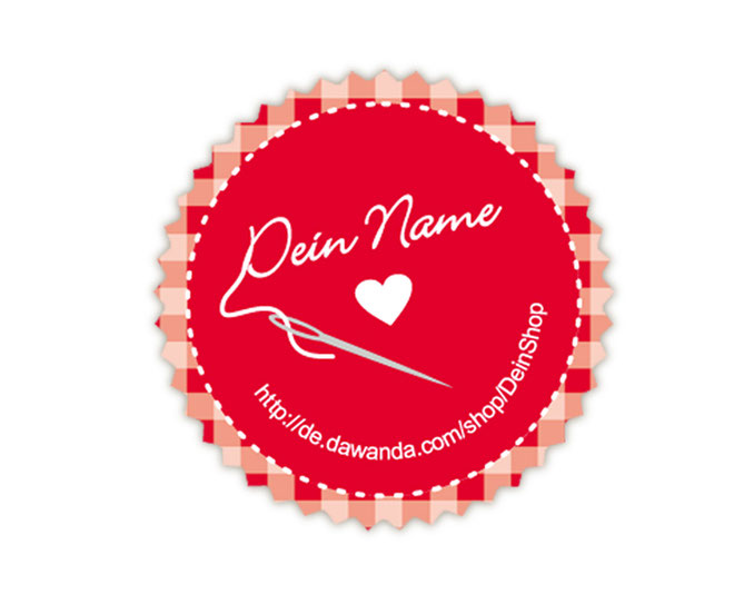 Handmade Aufkleber in rot mit Nähnadel und Herz: personalisierbar mit deinem Shopnamen / Webseite