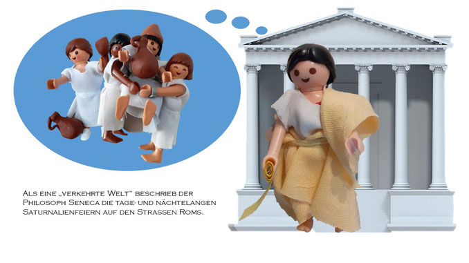 Philosoph Seneca vor römischem Tempel