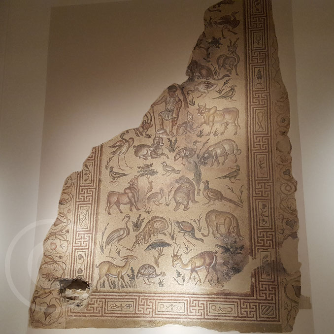 Mosaico del Buon Pastore (V-VI sec. d.C.) con il buco fatto dai cecchini per sparare all'esterno del museo - Museo Nazionale di Beirut