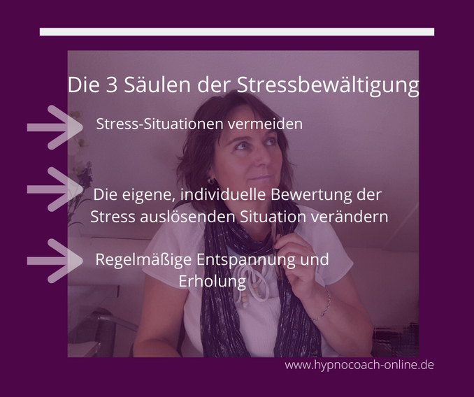 Die 3 Säulen der Stressbewältigung: Stress-Situationen vermeiden; Die eigene individuelle Bewertung der Stress auslösenden Situation verändern; Regelmäßige Erholung und Entspannung