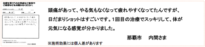 頭痛があって、やる気もなくなって疲れやすくなってたんですが、日だまりショットはすごいです。１回目の治療でスッキリして、体が元気になる感覚が分かりました。那覇市　内間さま