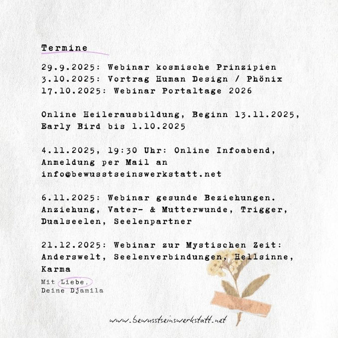 Online Termine der Bewusstseins.Werkstatt