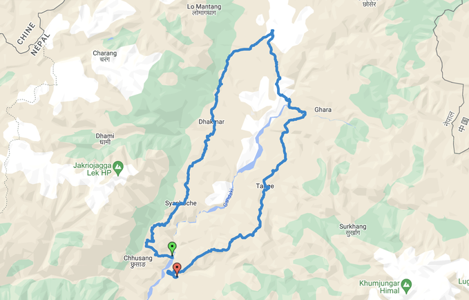 lien vers carte itinéraire dans google maps trek cnv mustang nepal himalaya 2023