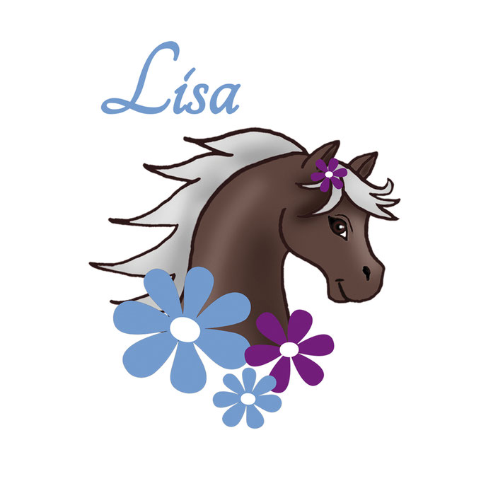 Türaufkleber Pony mit Blumen, mit Wunschname personalisierbar