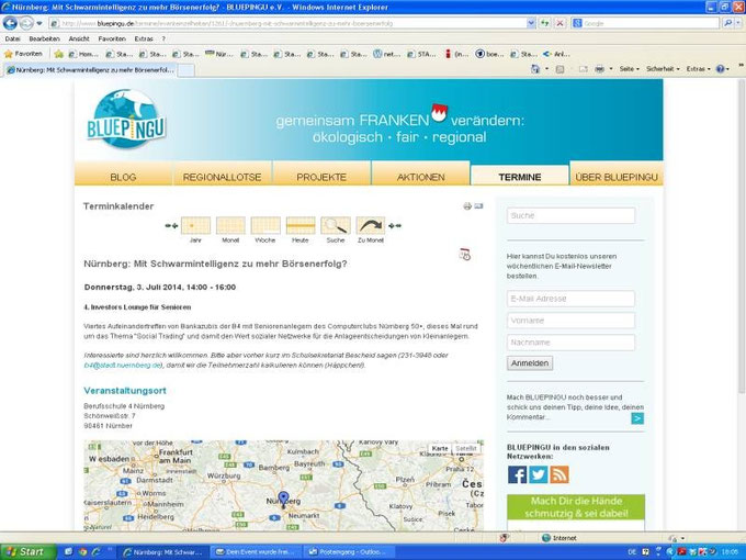 Ankündigung der Veranstaltung auf der Nachhaltigkeitsplattform BluePingu (Screenshot vom 30.06.2014)