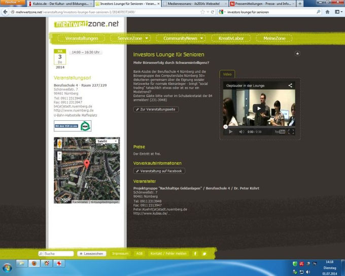 Hinweis im Veranstaltungskalender für Nürnberg und Erlangen mehrwertzone.net (Screenshot vom 01.07.2014)