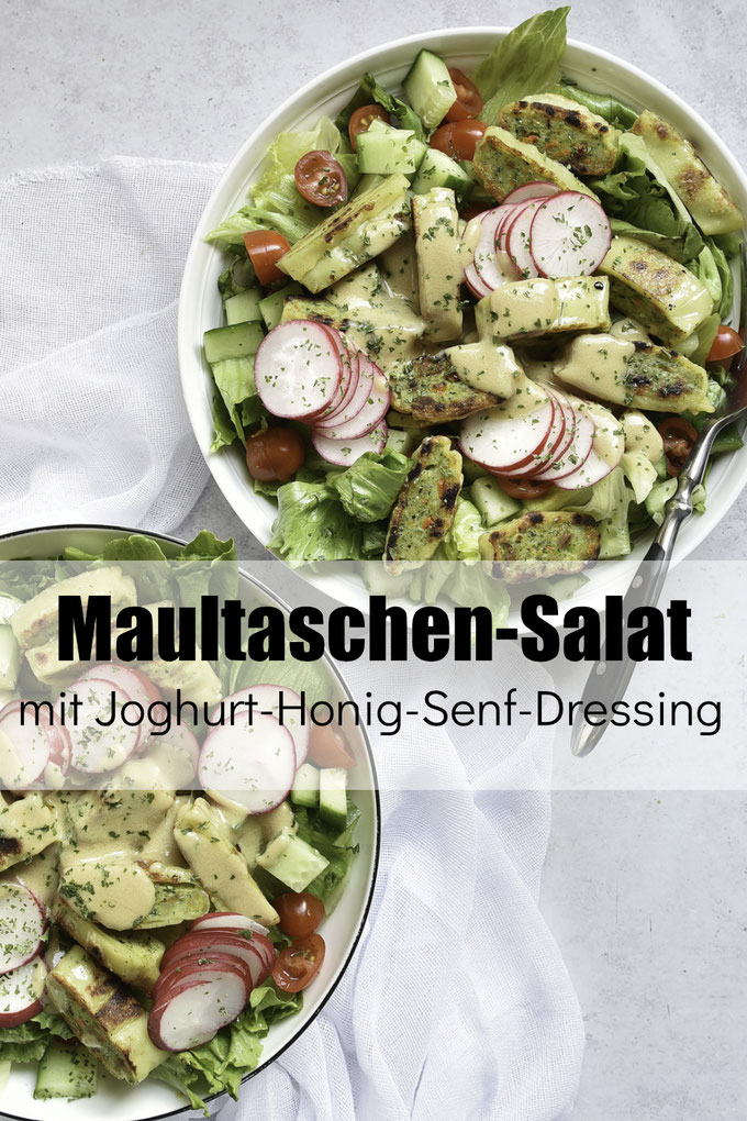 Maultaschen Salat mit Joghurt Honig Senf Dressing Rezept, einfach und lecker, Dressing passt perfekt zu Gemüsemaultaschen, die du in der Pfanne oder im Airfyer braten kannst, vegetarisch, vegan möglich