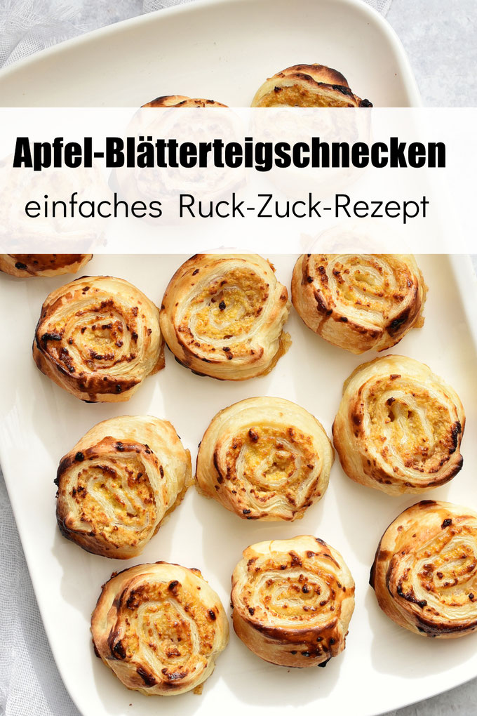 Ruck Zuck Rezept für Apfel Blätterteigschnecken, die Äpfel und weitere Zutaten werden einfach im Thermomix zerkleinert, die Masse auf Blätterteig gestrichen, eingerollt, in Scheiben geschnitten und gebacken
