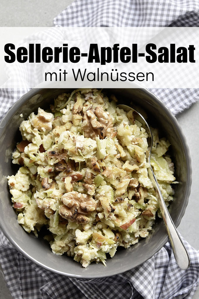 Sellerie-Apfel-Salat mit Walnüssen, Klassiker zb aus dem Thermomix, knackig, saftig, frisch, Rezept um Sellerie und Äpfel aufzubrauchen, vegetarisch bzw. vegan