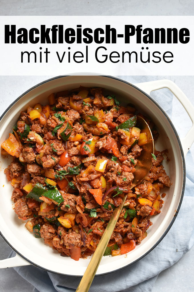 Hackfleisch Pfanne mit viel Gemüse wie Zucchini, Fenchel, Zwiebeln, Paprika, Tomaten, Pfannengericht, einfach und lecker, Familienküche, vegetarisch machbar, Rezept