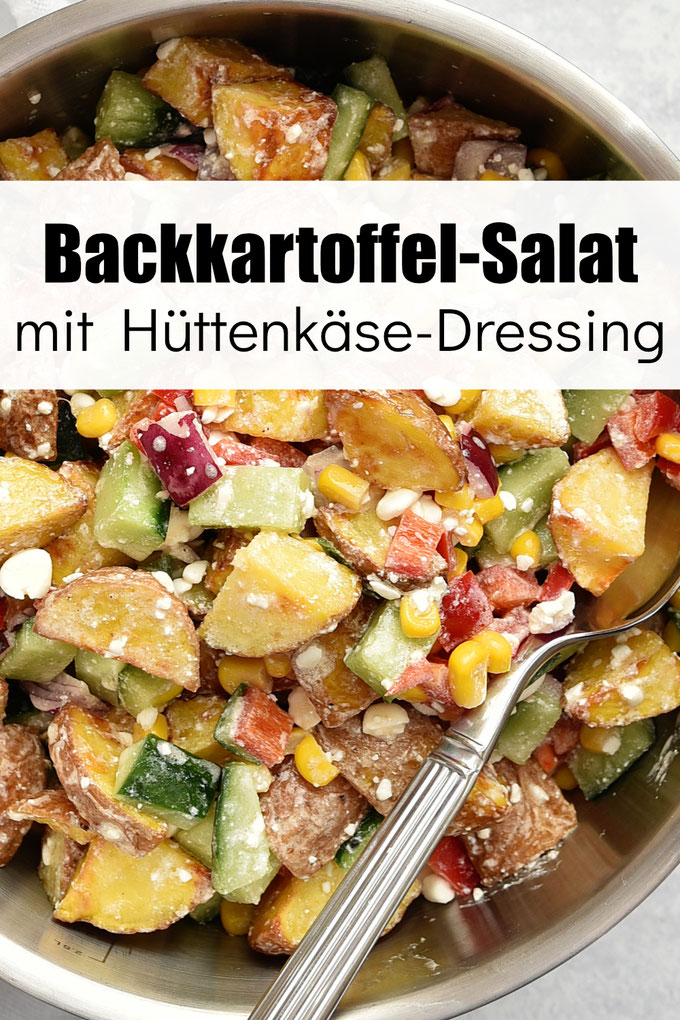 Backkartoffel Salat mit Hüttenkäse Dressing - mit Gurken, Paprika, Mais und Zwiebel, einfach und lecker, Rezepte zum Grillen, Salat Rezepte vegetarisch, Protein