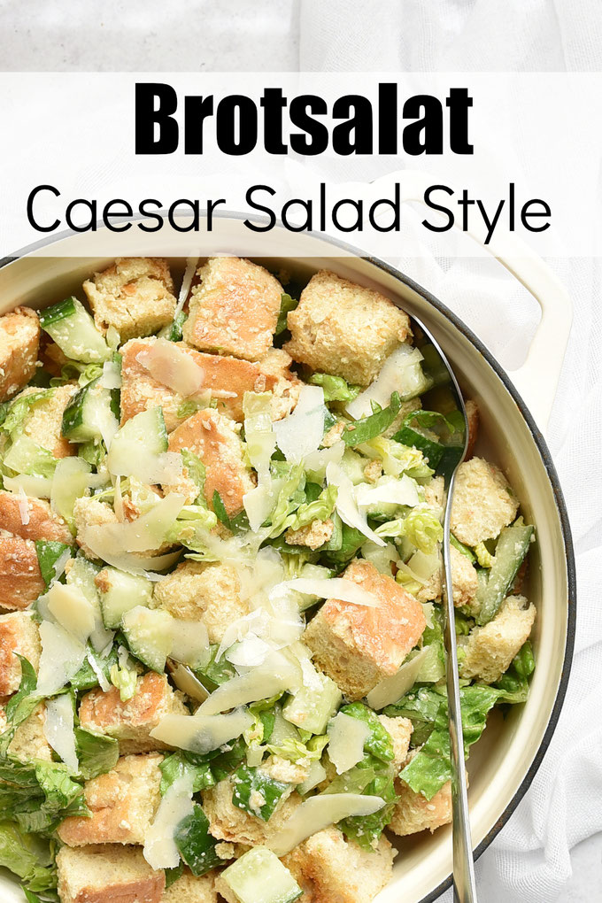 Brotsalat Caesar Salad Style - Caesar Salad mal anders herum, Brot trifft auf das Typische Dressing, gemischt mit Gurken und Römersalat, vegetarisch, vegan möglich
