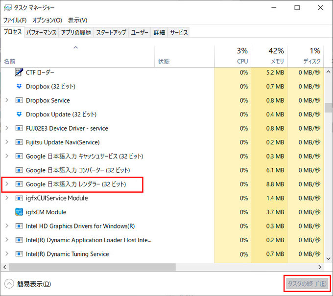 Google日本語入力レンダラーを選択しタスクの終了をクリック
