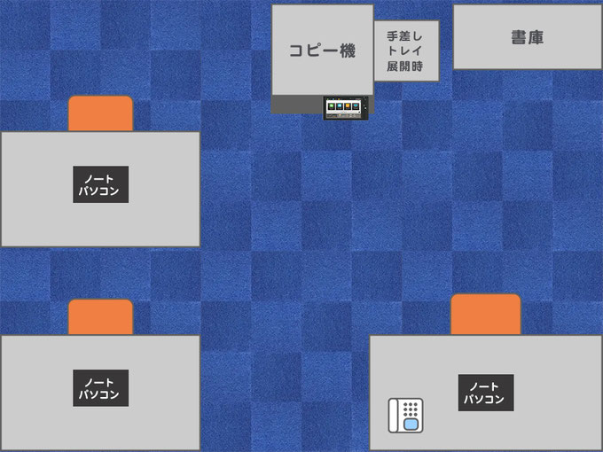 6畳程度の広さでの学習塾のような3人用オフィスレイアウト