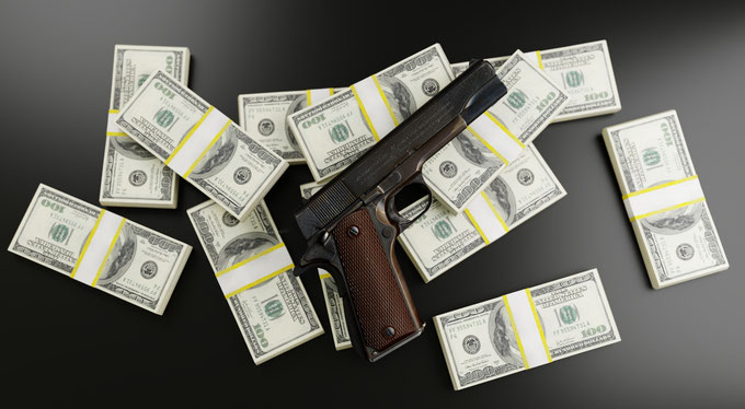 Pistolet billets arme argent crime mafia trafics