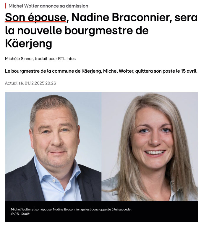 Capture d'écran de RTL infos informant que Nadine Braconnier, la femme du bourgmestre démissionnaire Michel Wolter, assurera la succession au fauteuil de bourgmestre de Käerjeng.