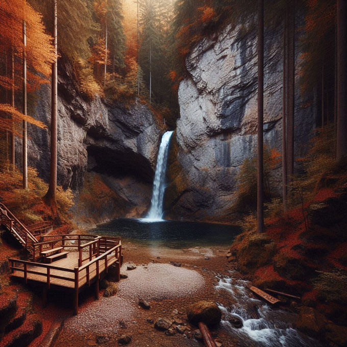 Aus dem herbstlichen Wald ragt eine Felswand, von der ein Wasserfall etwa zehn Meter in die Tiefe stürzt und einen kleinen See bildet, an dem sich eine hölzerne Aussichtsplattform mit Bänken befindet. Erstellt mit Microsoft Designer.