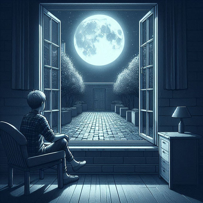 Es ist Nacht. Ein Junge sitzt an einem Fenster, durch das ein gepflasterter Hof zu sehen ist, über dem der Vollmond scheint. Generiert mit Microsoft Designer.