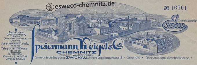 Briefkopf: Fabrikgebäude in Chemnitz, Autohandel und Zweigniederlassung in Zwickau um 1930