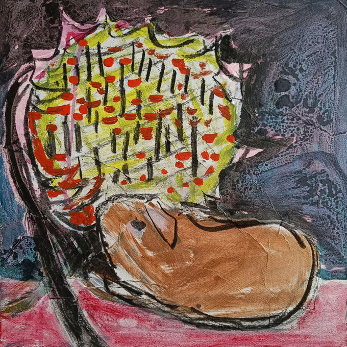 SUNFLOWER & GUINEA PIG | 2024 | 40 x 40 cm | acrylic, charcoal, crayon, ink, paper collage on canvas