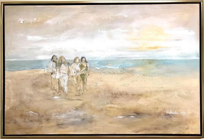 "Catwalk on the beach", Acryl- Mischtechnik - gemalt mit Wasser aus der Nordsee und Strandsand, 80 x 120 cm, 2021