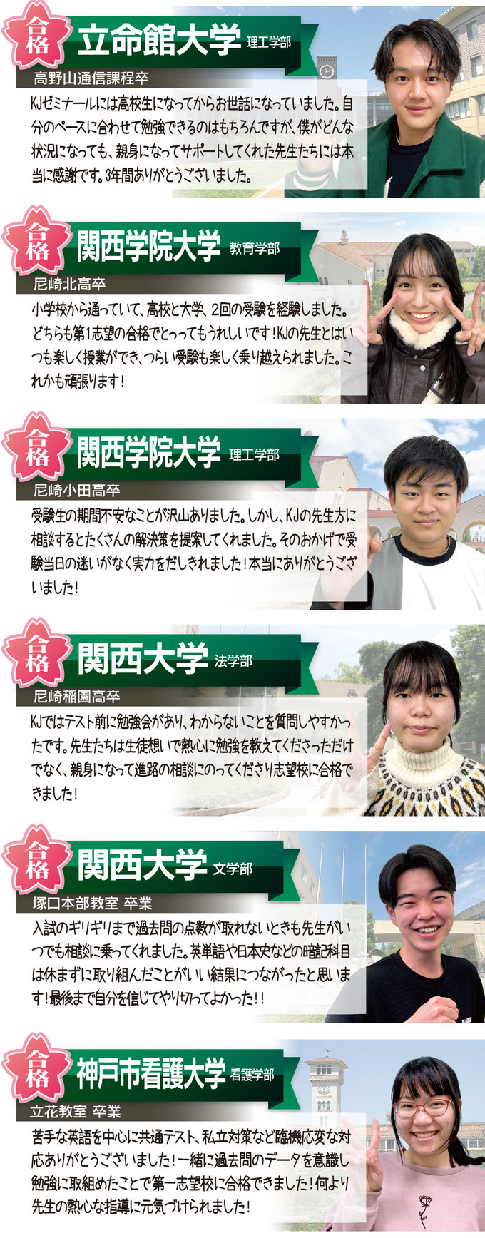 立命館大学、関西大学、関西学院大学、神戸市看護大学、関西大学