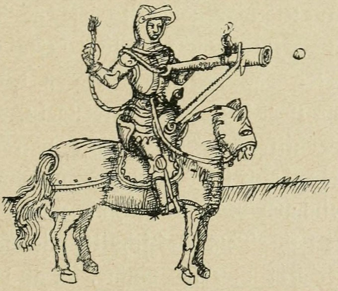 Reiter mit Feuerrohr, Zeichnung um 1450.