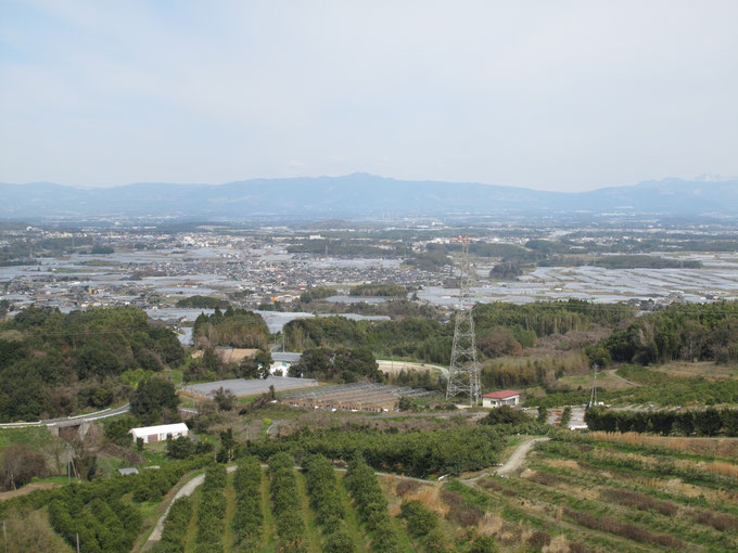 三ノ岳の中腹から眺めた生産団地、白く見えるのはビニールハウス群。スイカやメロンをはじめ様々なフルーツや野菜が栽培されています。遥か遠く右上には阿蘇の噴煙がかすかに見えています。