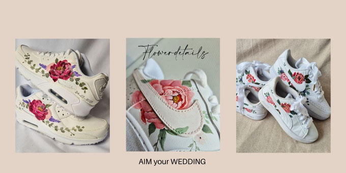 trouwsneakers met geschilderde bloemen passend bij bruiloft