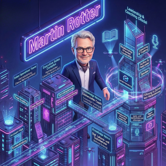 Martin Rotter in einem futuristischen Stil mit Leuchtschriften auf den Gebäuden die die Tätigkeiten beschreiben