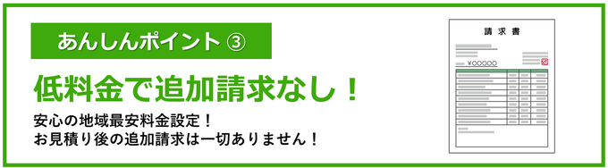 あんしんポイント③｜低料金で追加請求なし！｜安心の地域最安料金設定！お見積り後の追加請求は一切ありません！