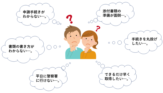 申請手続きがわからない｜添付書類の準備が面倒｜書類の書き方がわからない｜手続きを丸投げしたい｜平日に警察署に行けない｜できるだけ早く取得したい