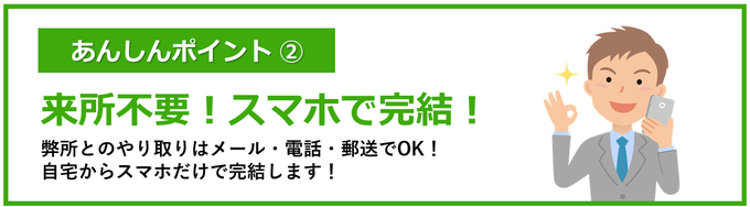 あんしんポイント②｜来所不要！スマホで完結！｜弊所とのやり取りはメール・電話・郵送でOK！自宅からスマホだけで完結します！