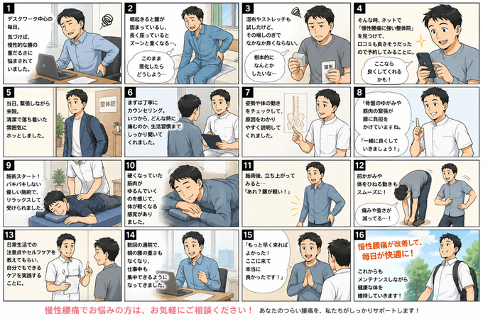 八王子で慢性腰痛に悩む方へ｜腰痛専門整体院で改善を目指す流れを紹介した画像です