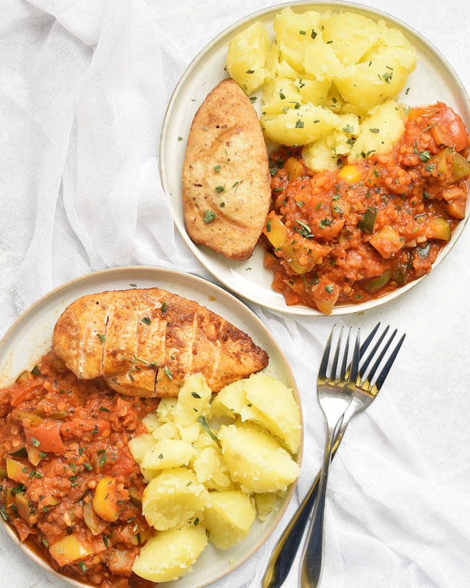 Hähnchen mit Linsengemüse und Kartoffeln. High Protein - auch vegetarisch möglich