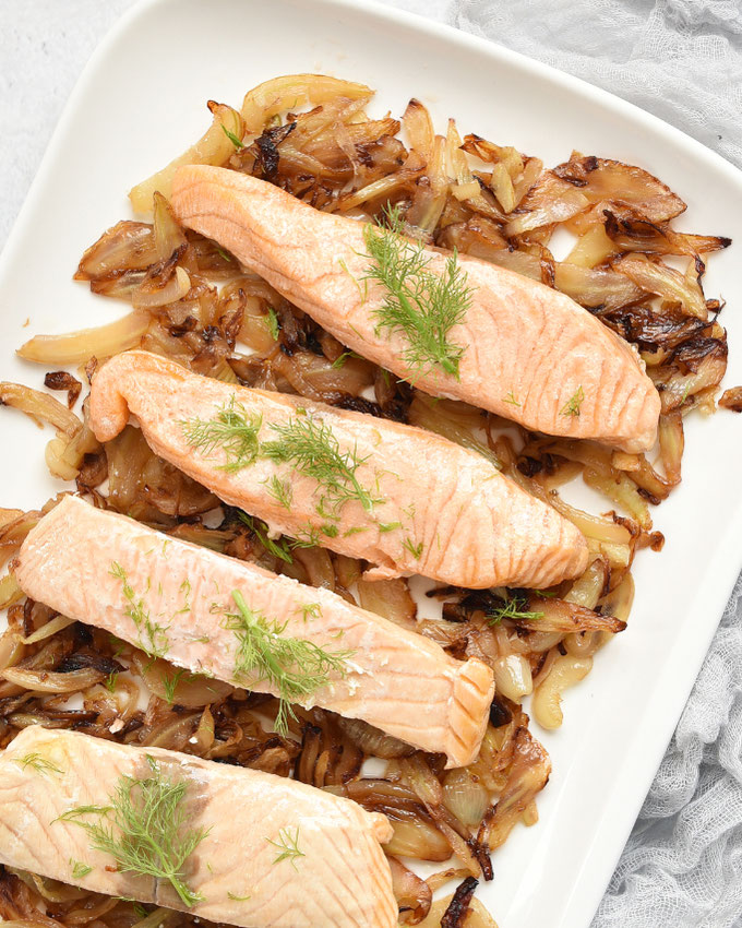 Gebratener Fenchel mit Lachs, leichtes Abendessen, viel Protein, Rezept