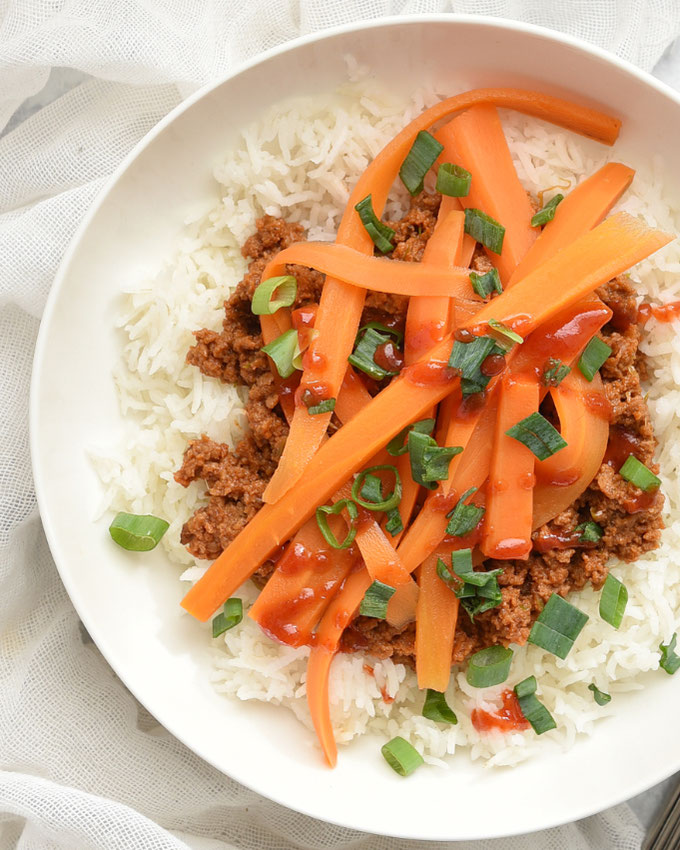 Thailändisches Hack mit Reis und Möhren - schmeckt wie thailändischer Bratreis mit Hackfleisch, vegetarisch und vegan machbar, Rezept