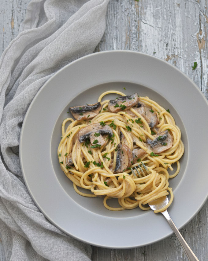 Alfredo Soße mit Pilzen zu Nudeln vegan möglich Pilz Sahne Soße vegetarisch Thermomix