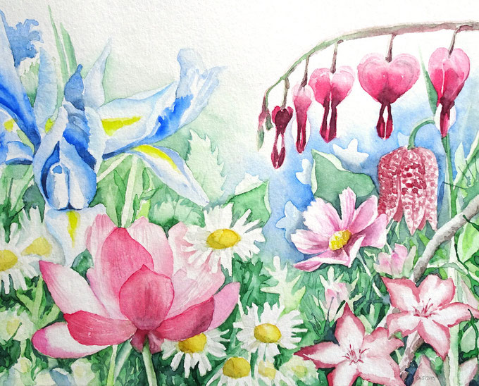 Aquarellbild "Gartenaquarell": viele unterschiedliche Blumen vereint in einer Komposition