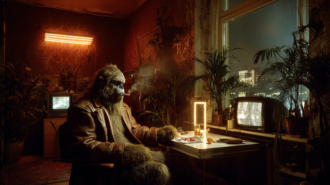 Der Sahara Yeti 1989 in Berlin, Spiegel mit Kokainlinien vor sich, Fernseher im Hintergrund, Symbolfigur einer anderen Art von Einfluss.