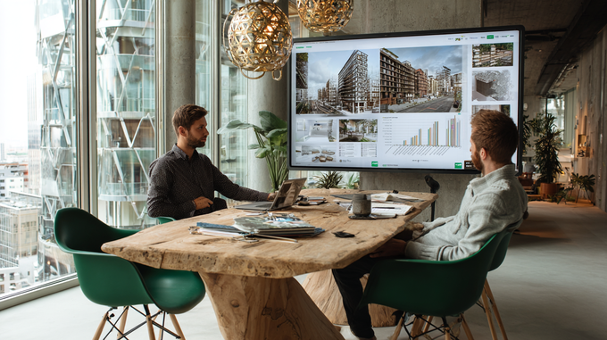 Architekt und Bauunternehmer präsentieren ein Projektangebot mit Visualisierungen und Kostenübersicht im Raum Stuttgart
