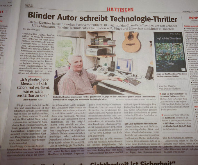 Fotografie eines Zeitungsartikels der WAZ vom 17.11.2020 mit dem Titel „Blinder Autor schreibt Technologie-Thriller"