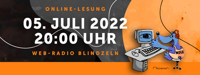 Bildbanner mit der Ankündigung der Lesung am 05.07.2022 20:15 Uhr