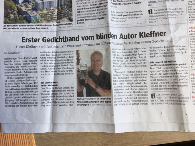 Fotografie der Zeitungsseite mit dem Artikel „Erster Gedichtband vom blinden Autor Dieter Kleffner"