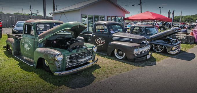 3 pickup trucks of the 2024 Sparky's Rockabilly Round-up au Syracuse Nationals