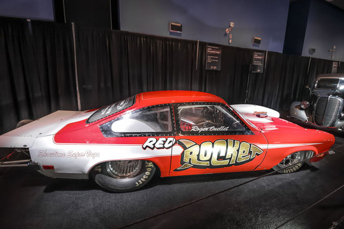 An extrem dragster version of the 1972 Chevrolet Vegas of the 2025 Montreal auto Show Zone Performance 