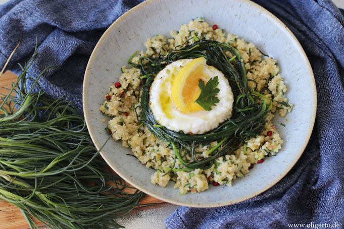 Mönchsbart mit Hirse und Spiegelei Oligarto Rezepte Kochen  mit Olivenöl